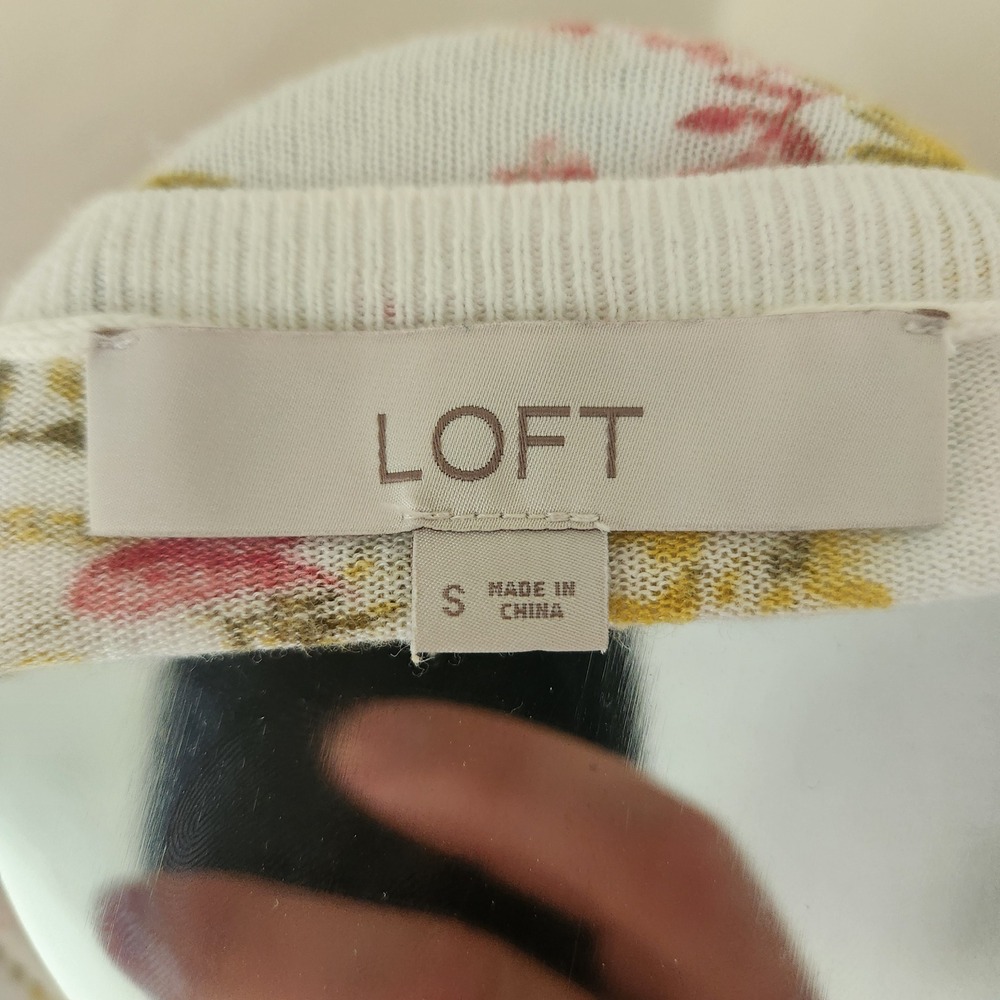 LOFT Womens Small Floral Print Lightweight Ramie Viscose Sweater White Pink S - Picture 3 of 5